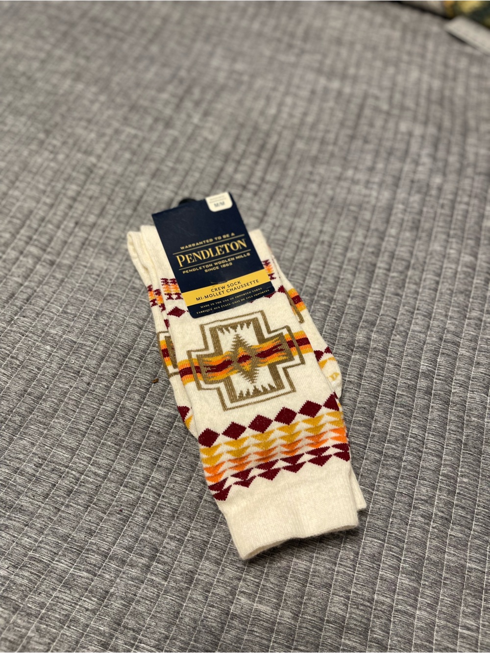 Pendleton Cream Crew Socks with Maroon and Mustard Aztec Motif